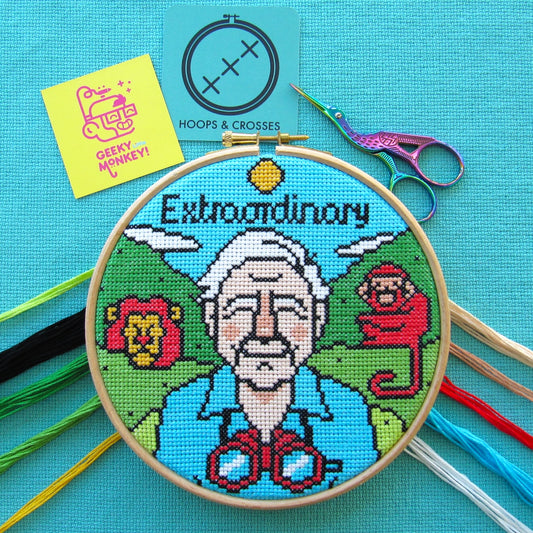 David Attenborough Cross Stitch Kit.-Geeky Little Monkey